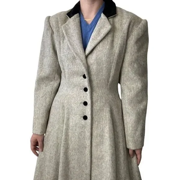 Vintage Womens Cullinane Gray Wool Bow Waist Velvet Collar Trench Coat Jacket S - Picture 2 of 14